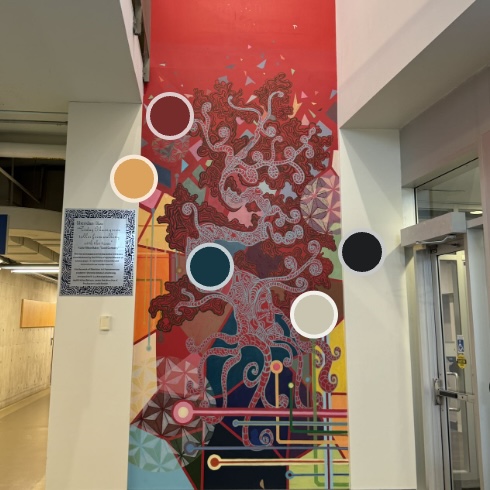 Red, yellow, blue, brown, white